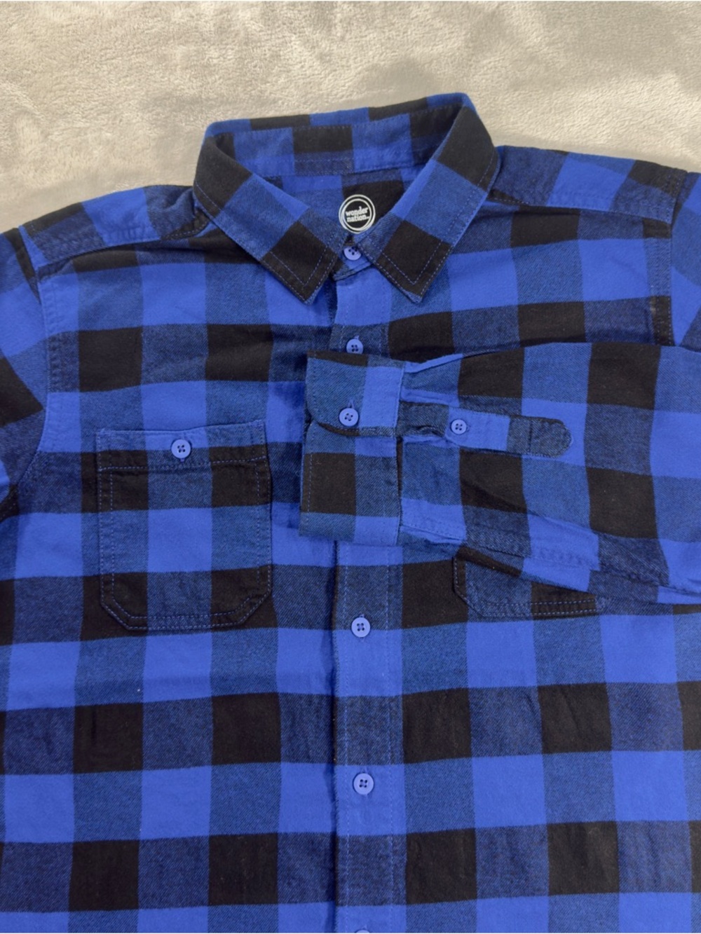 Wonder Nation Kids Button Up Shirt Sz XL 14/16 Black Blue Plaid Long Sleeve